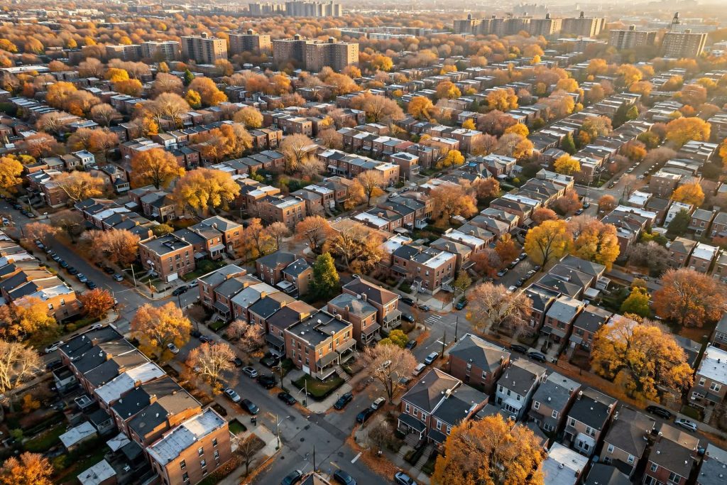 Aerial view of a Queens residential neighborhood in autumn